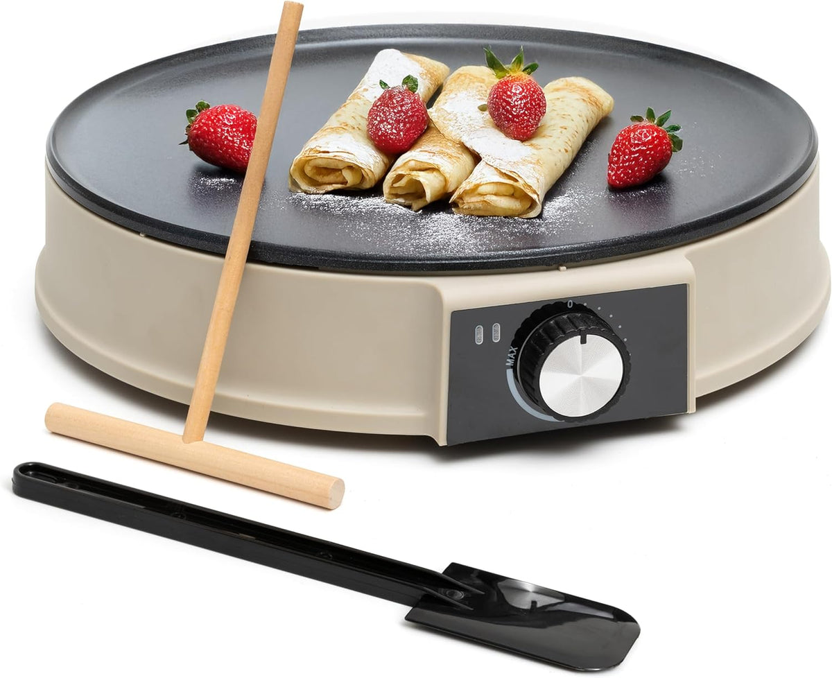Moss & Stone Beige 12 Inch Electric Griddle & Crepe Maker Machine. Electric Crepe Maker with Adjustable Temperature for Blintzes Pancakes & Tortilla, Non-Stick Crepe Pan & Batter Spreader & Spatula