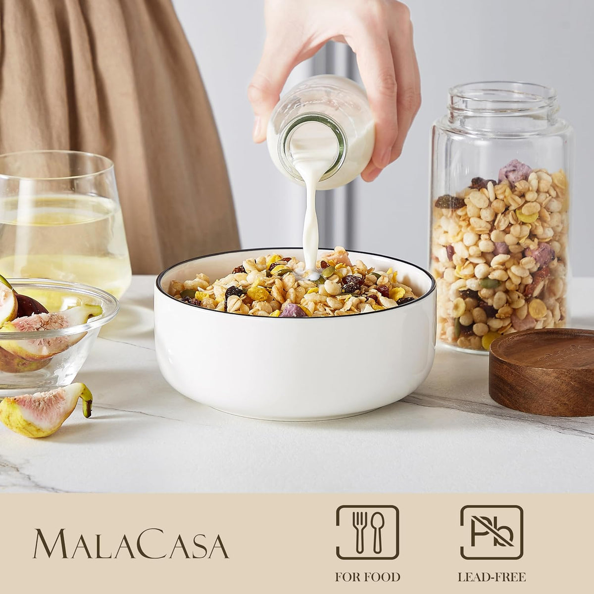 MALACASA 24 OZ Cereal Bowls, Porcelain Soup Oatmeal Bowls Set of 6, White Kitchen Ceramic Serving Bowl wtih Black Rim, Dishwasher Microwave Oven Safe, White, Series LUNA