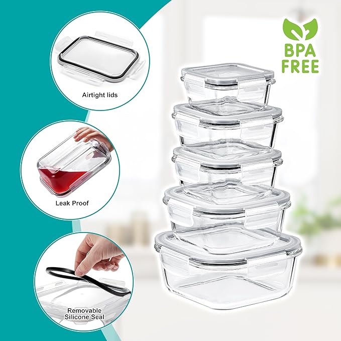 Sorbus Glass Meal Prep Containers, Dishwasher and Oven Safe Reusable Meal Prep Containers, Freezer Safe Glass Food Storage Containers with Airtight Lids