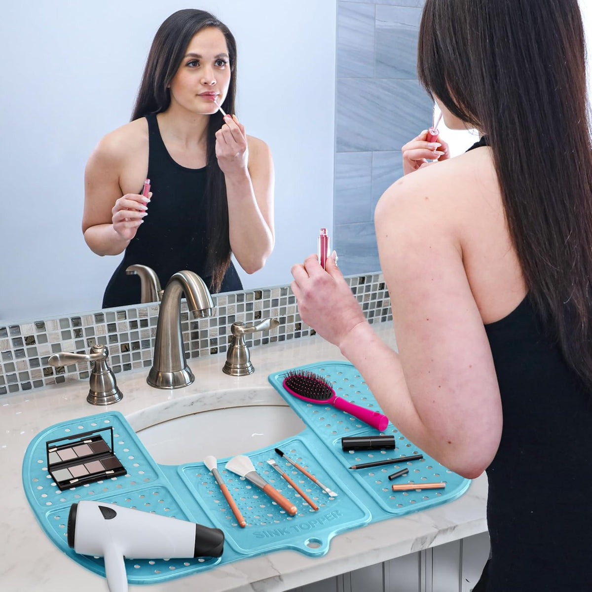 Sink Topper Bathroom Counter Cover & Storage Saver, Foldable Silicone Mat for Hot Tools, Hair Styling & Makeup, Beauty Brush Cleaning Mat, RV Camper Sink Cover & for Small Spaces (Large Pacific Blue)