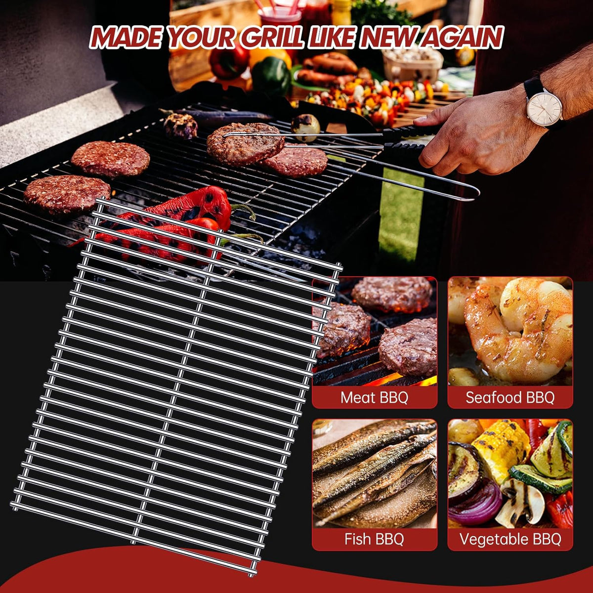 BBQ Grill Grates Replacement for Cuisinart Gas Grill CGG-200, CGG-220, CGG-240, Stainless Steel Cooking Grate Grids Gas Grill Parts Accessories 18 Inch for All Foods Portable Gas Grillls