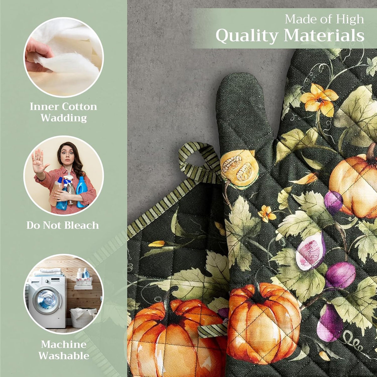Maison d' Hermine 100% Cotton Oven Mitt & Pot Holder Set (7.5"x13" & 8"x8") Heat Resistant BBQ Cooking Gloves with Loop, Baking, Grilling, Kitchen, Handling Hot Pans (Pumpkin Garden - Dark Green)