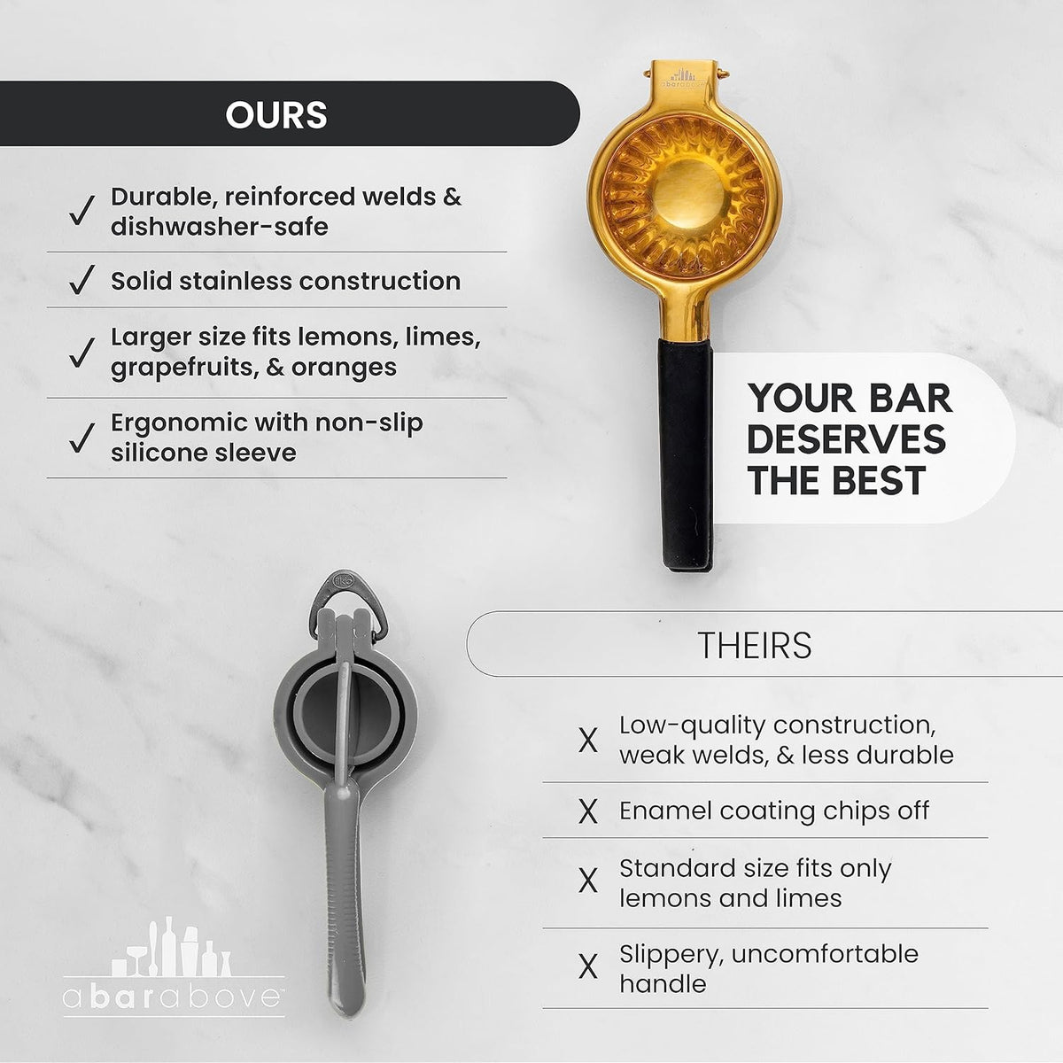 A Bar Above Premium Quality Hand Juicer, for Cocktails, Heavy Duty, Stainless Steel Juicer, Lime, Lemon, and Oranges, Citrus Juicers, for Mixologists and Bars, Fruit Juice Extractor, Gold, 3 Pack