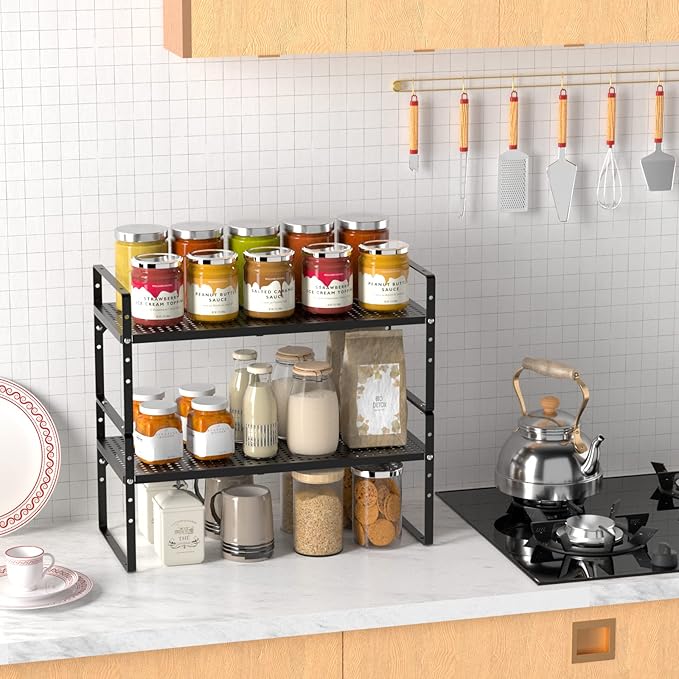iPEGTOP Large Expandable Cabinet Storage Shelf Organizer Rack, Heavy Duty Stackable Steel Metal Spice Rack Adjustable Height Office Pantry Garage Shelves for Counter Kitchen, Black - 1 Pack