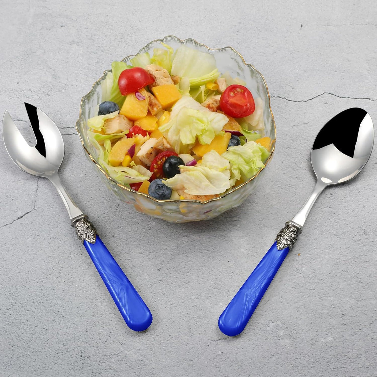 2-piece Salad Servers Stainless Steel Salad Serving Set Salad Fork and Spoon (Deep Blue)