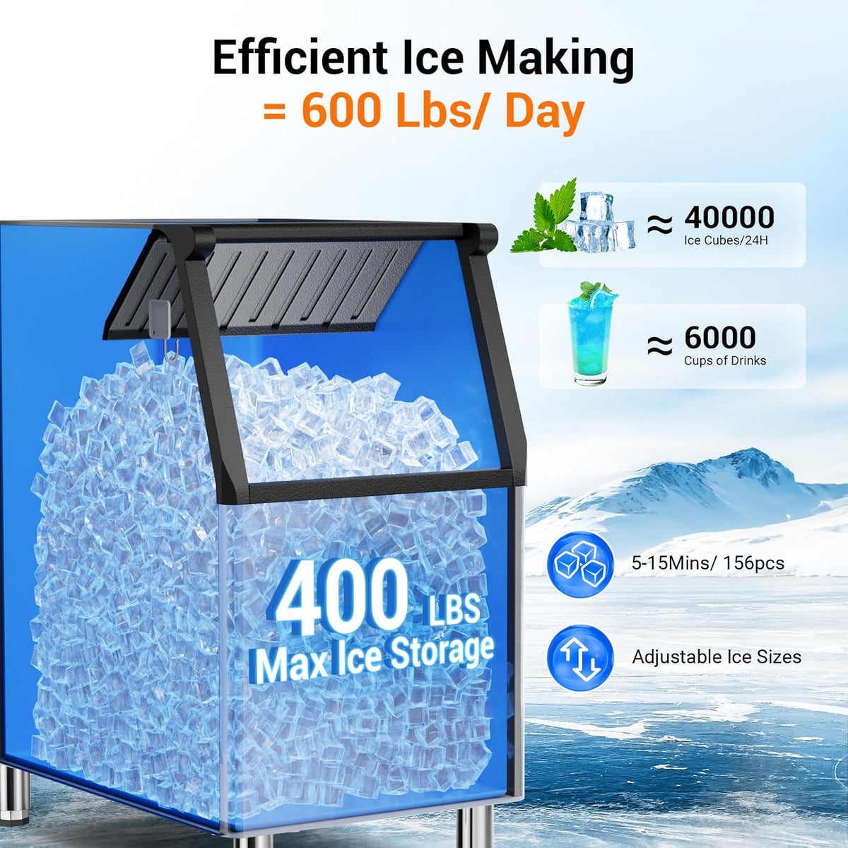 600LBS/24H Commercial Ice Machine Maker with 400LBS Storage Bin, Large Industrial Ice Maker, Self-Cleaning, Timing Function, 156 Ice Cubes Ready in 5-15min, Adjustable Ice Thicknesses