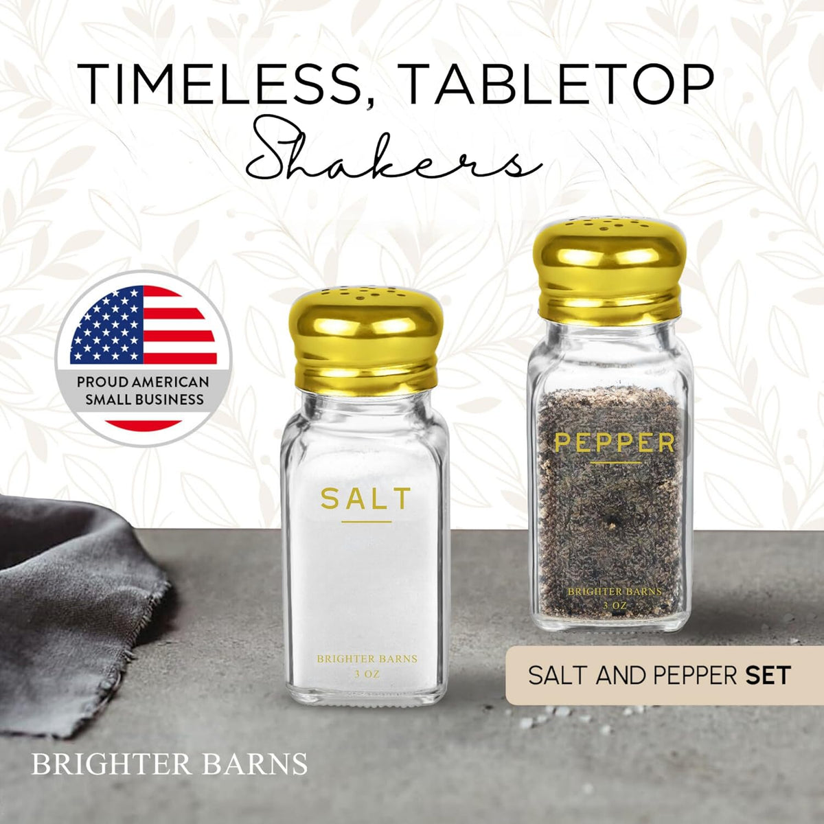 Gold Salt and Pepper Shakers Set by Brighter Barns - Gold Kitchen Decor & Accessories - Neutral Minimal Decor - Modern Glass Shakers with Stainless Steel Lids for Home, Restaurants