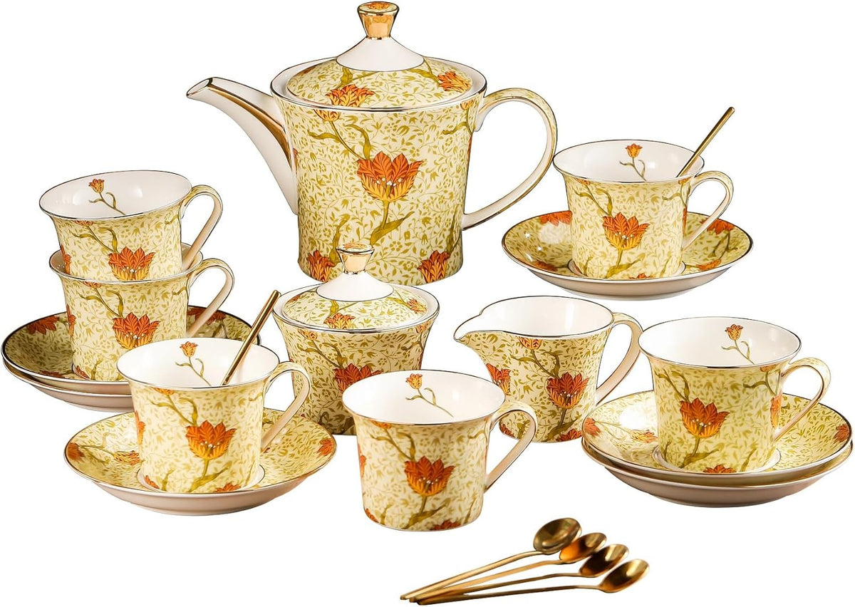 ACMLIFE Tea Set for Adults- Fine China Tea Set for 6, 21-Piece Vintage British Coffee Set English Porcelain Tea Pot Sets for Adult Tea Party for Women Gift (Tulip Yellow, Extra Large 21)