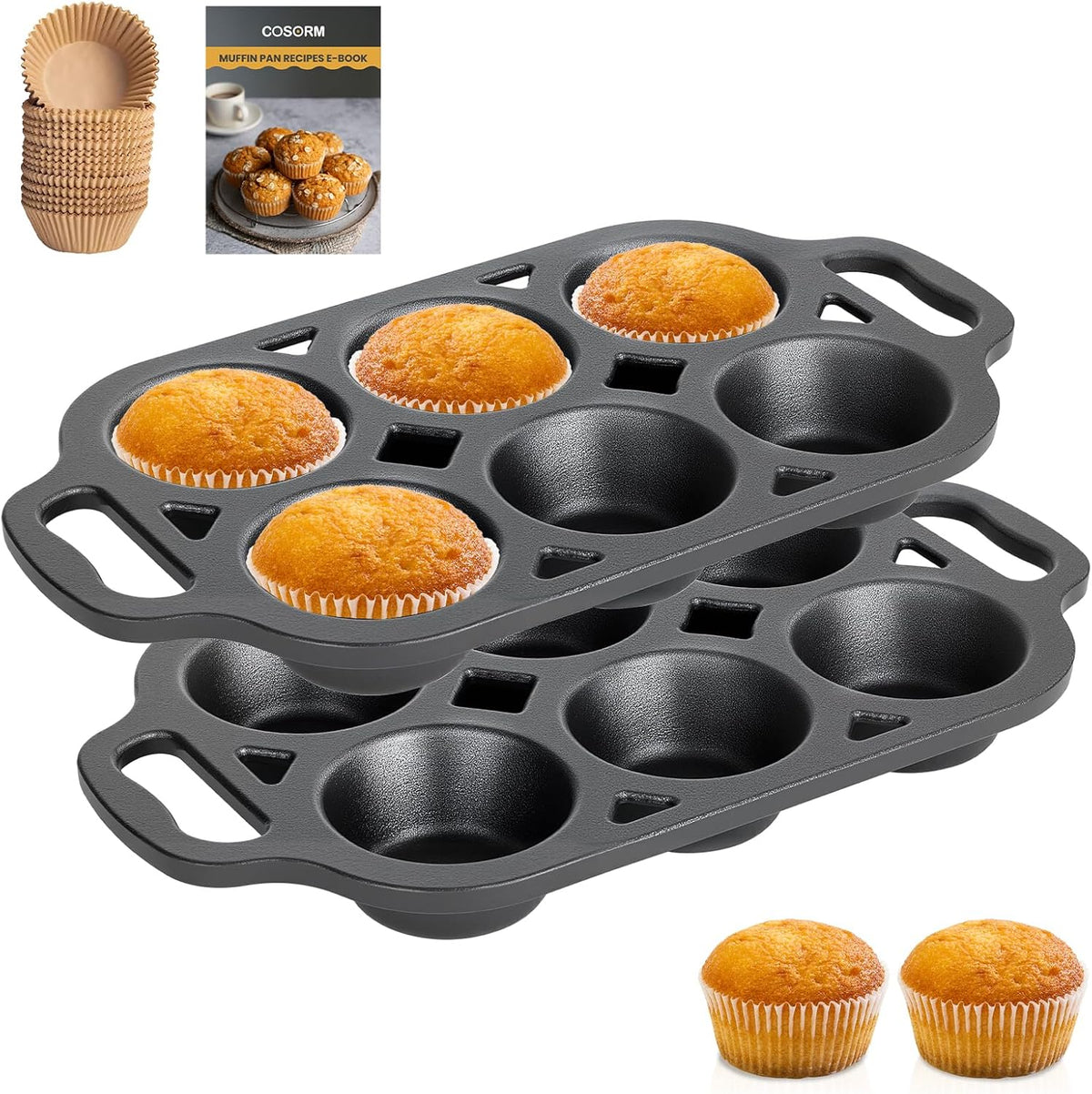 Pre-Seasoned Cast Iron Muffin Pan - 6-Cup Nonstick Cupcake Pan, 2 Piece Set