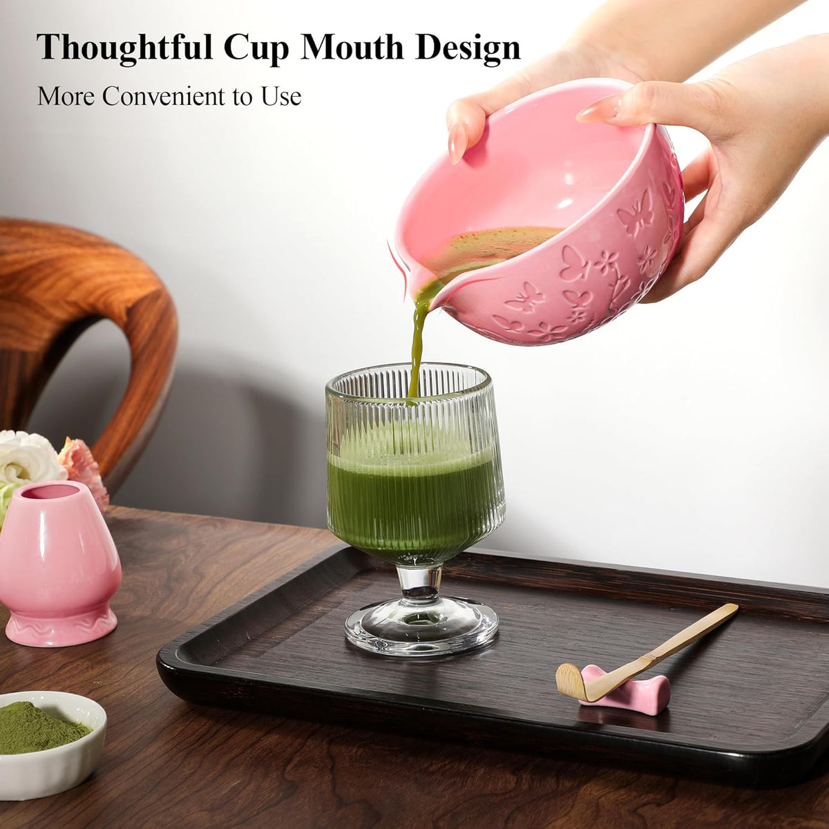 Matcha Whisk Set 7 PCS Matcha Bowl, Matcha Whisk and Holder, Bamboo Scoop and Scoop Rest, Stainless Sifter and Tea Towel Ceramic Matcha Set Japanese Matcha Kit for Matcha Lovers Pink