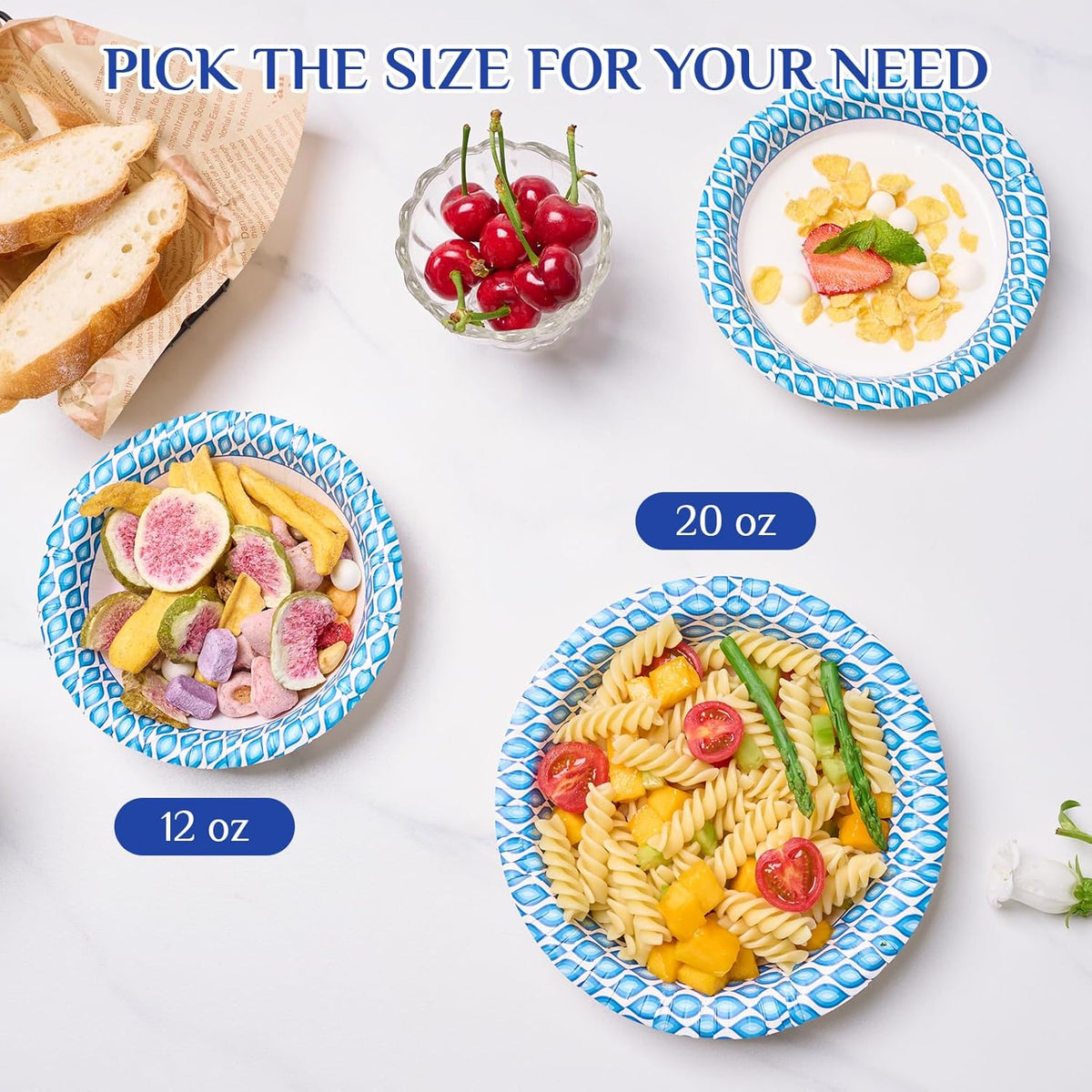MUCHII 20 Oz Paper Bowls 180 Count Disposable Bowls, Printed Soak Proof Large Bowls for Breakfast, Lunch, and Dinner Meals
