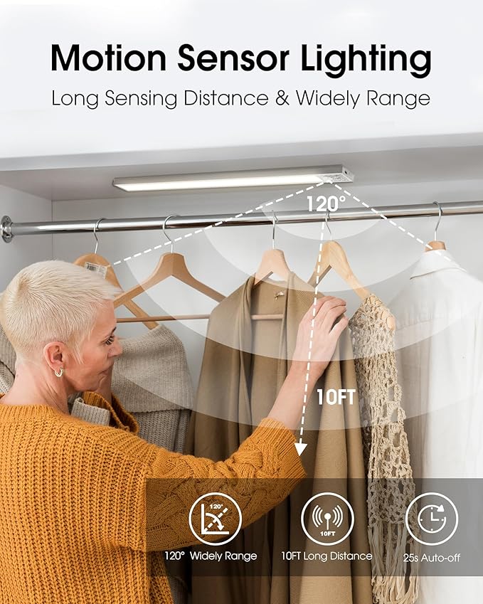 12 Inch Under Cabinet Lighting, 3Pack 5CCT Dimmable Closet Lights, Motion Sensor LED Lights of Battery Operated, Rechargeable Under Counter Light for Kitchen, Stairs, Bedroom, Wardrobe