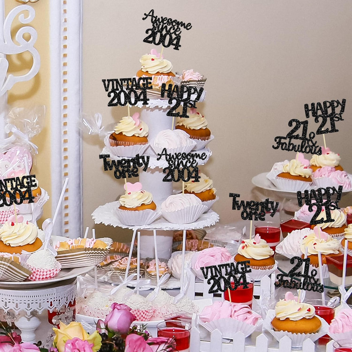 Gyufise 30pcs Vintage 2004 Cupcake Toppers Glitter Twenty-One Happy 21st Cupcake Picks Fabulous Anniversary Party Supplies Black