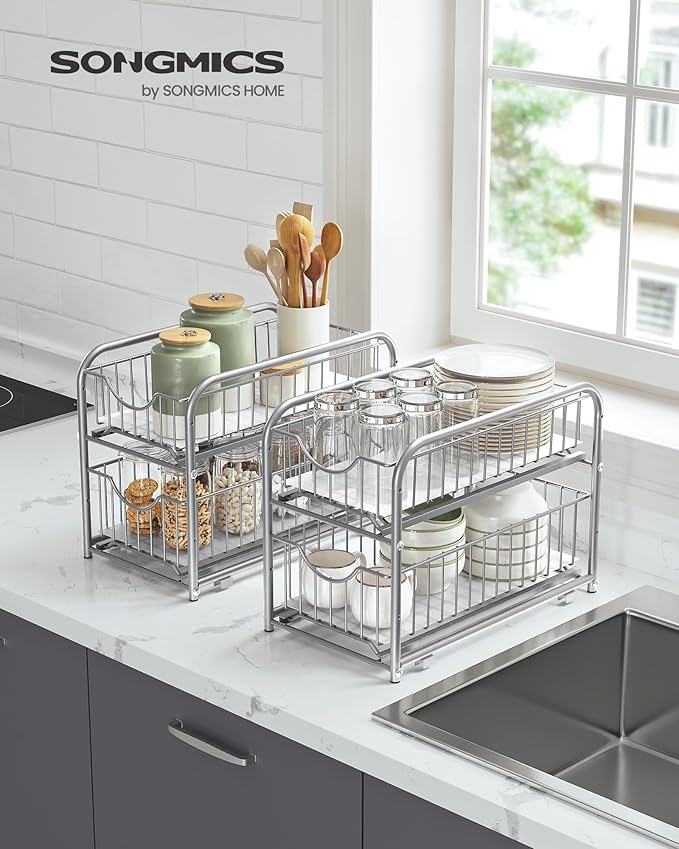 SONGMICS 2-Tier Pull Out Cabinet Organizers, Under Sink Organizer, Bathroom Organizer and Storage, Sliding Basket Drawers, Stackable for Kitchen, Bathroom, Metallic Silver UKCS017E01