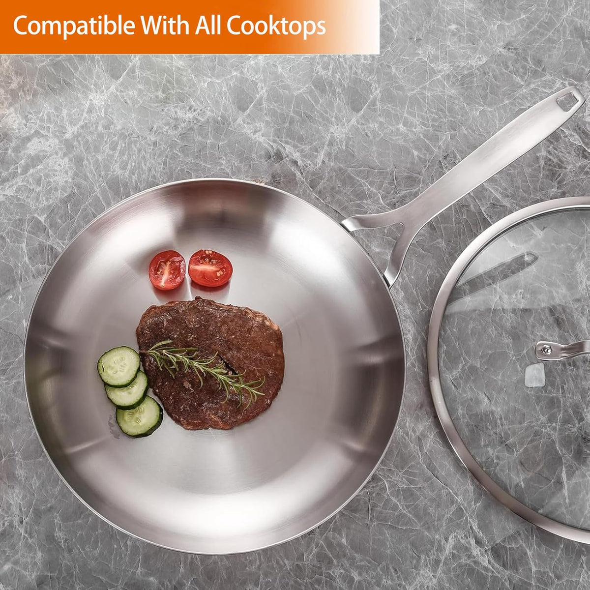 DELARLO Tri-ply Stainless Steel Frying Pan Set with Lid 8" 12" large Skillets Induction Chef's Pan,Pots and Pans Set Kitchen Cookware Set Dishwasher and Oven Safe