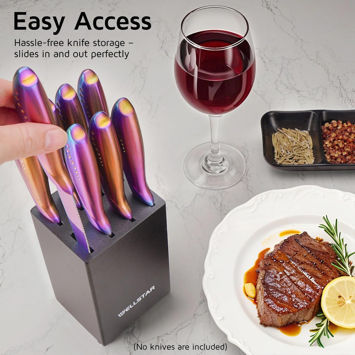 WELLSTAR 5-Inch Steak Knife Holder Only– Wooden Knife Block with 8 Slots (No Knives Included) – Compact, Space-Saving Design for 5" Steak Knives – Sturdy Wood Storage Organizer
