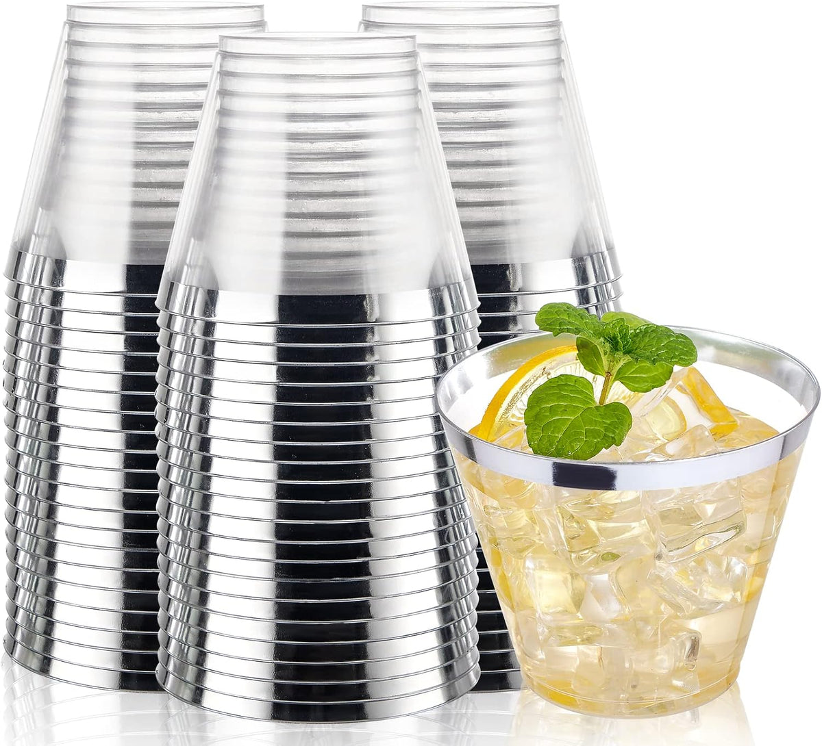 I00000 200pcs Silver Disposable Plastic Cups - 9 oz Clear Plastic Old Fashioned Tumblers - Fancy Wedding & Party Cups - Elegant Silver Wine & Cocktail Glasses