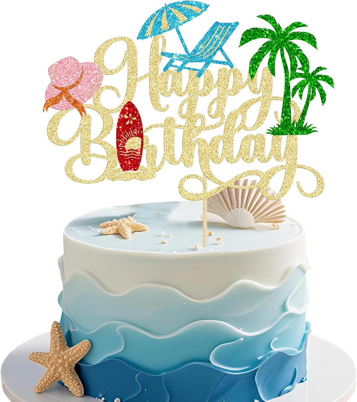 Gyufise 1Pcs Summer Beach Happy Birthday Cake Topper Glitter Ball Tree Umbrella Pool Cake Pick for Hawaiian Holiday Baby Shower Birthday Party Cake Decorations Supplies Gold