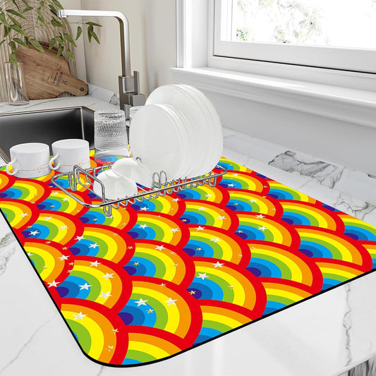 Kitchen Mat Rainbow Half Circle Star Dish Drying Mat 12"x19" Bsorbent Coffee Maker Mat for Sink Dishes or Under Rack Kitchen Counter Accessories Absorbent Hide Stain Rubber Backed Dish Drying Pad