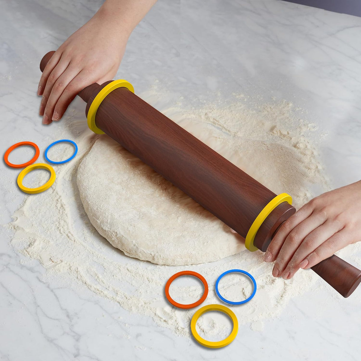 Classic Wooden Rolling Pin with Handle and Pastry Mat for Fondant, Pizza, Pies, Cookies,Rolling Pin for Baking with 3 Multi-Color Thickness Rings,17" x 2.5" (Include handle)