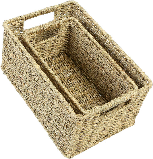 HOONEX Wicker Baskets for Storage, Seagrass Baskets with Dual Handles, Woven Baskets for Shelves, Set of 2, Natural