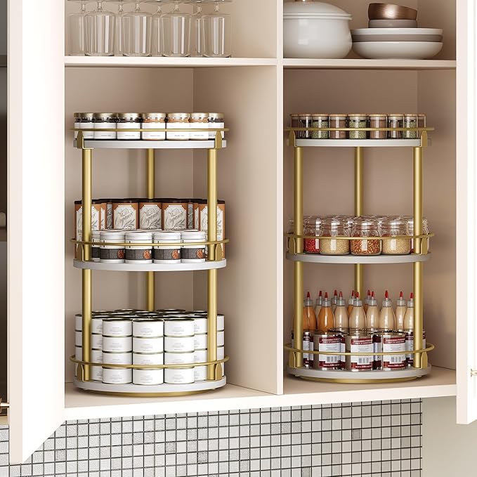 3-Tier Lazy Susan, Rotating Spice Rack, Spinning Organizer, Industrial Turntable Spice Rack for Cabinet, Kitchen Countertop, Pantry, White and Gold SR23DW