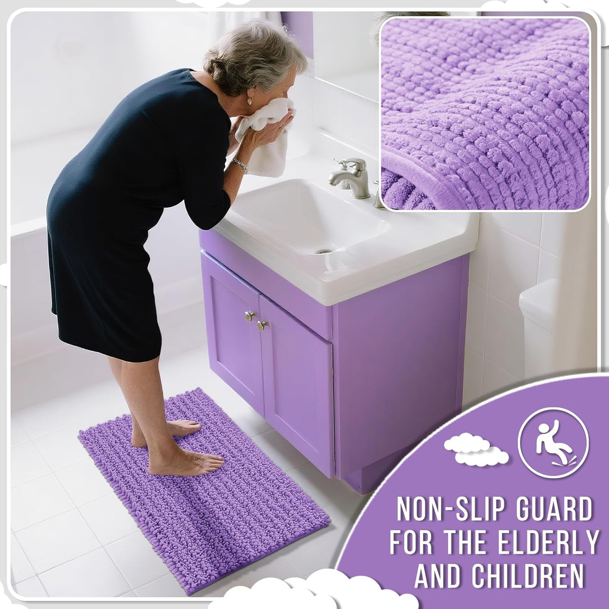 Yimobra Bathroom Rugs Non Slip Washable 24x17 Inch - Ultra Soft Absorbent Chenille Bath Mat, Quick Dry Shaggy Floor Carpet for Tub Shower, Lavender Home Decor Accessories