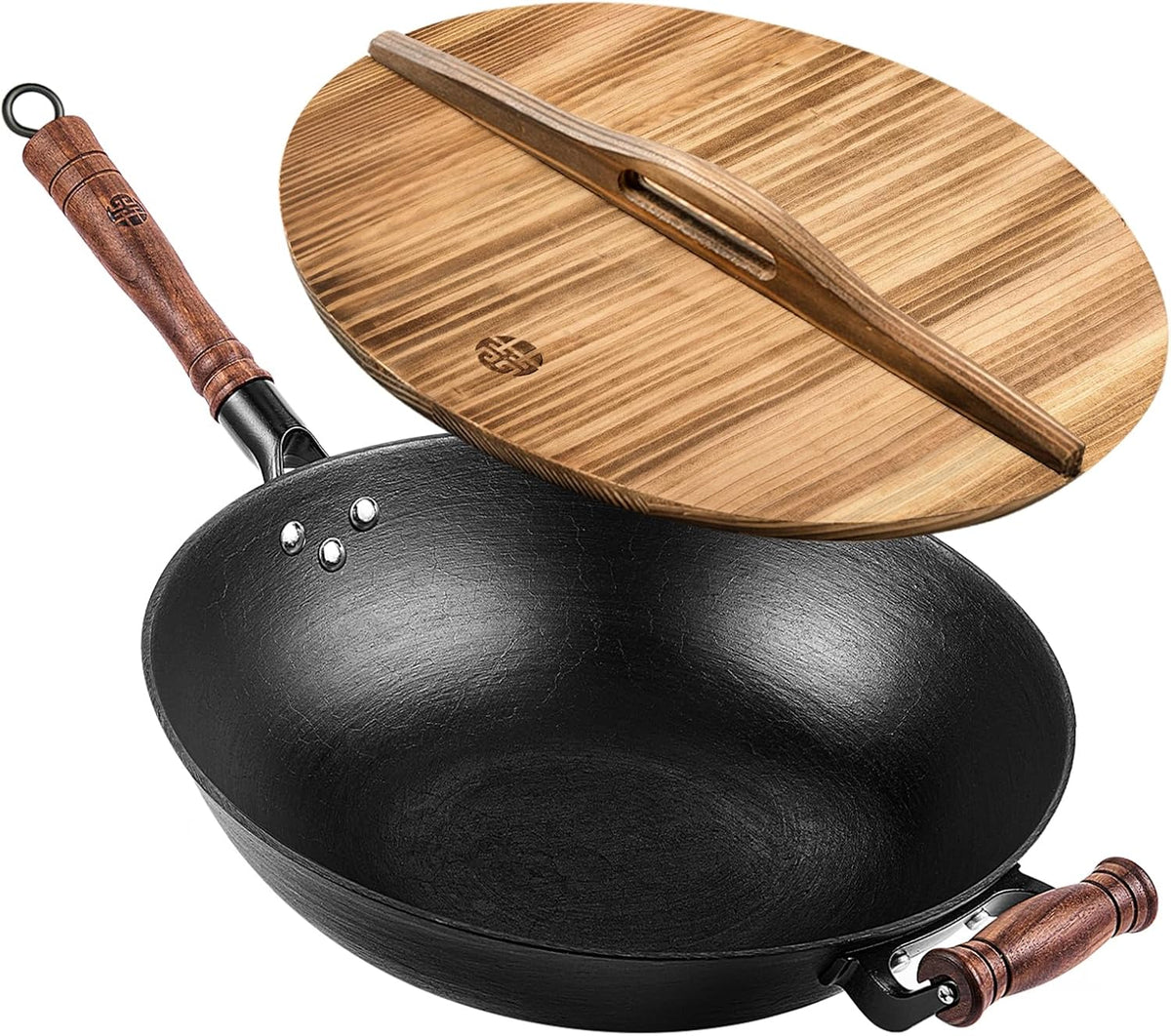 WANGYUANJI 13.4 Inch Cast Iron Wok with Lid – Flat Bottom Chinese Stir Fry Pan, Handcrafted Non-Coated Iron Cookware for Induction, Gas & Electric Stoves, Black
