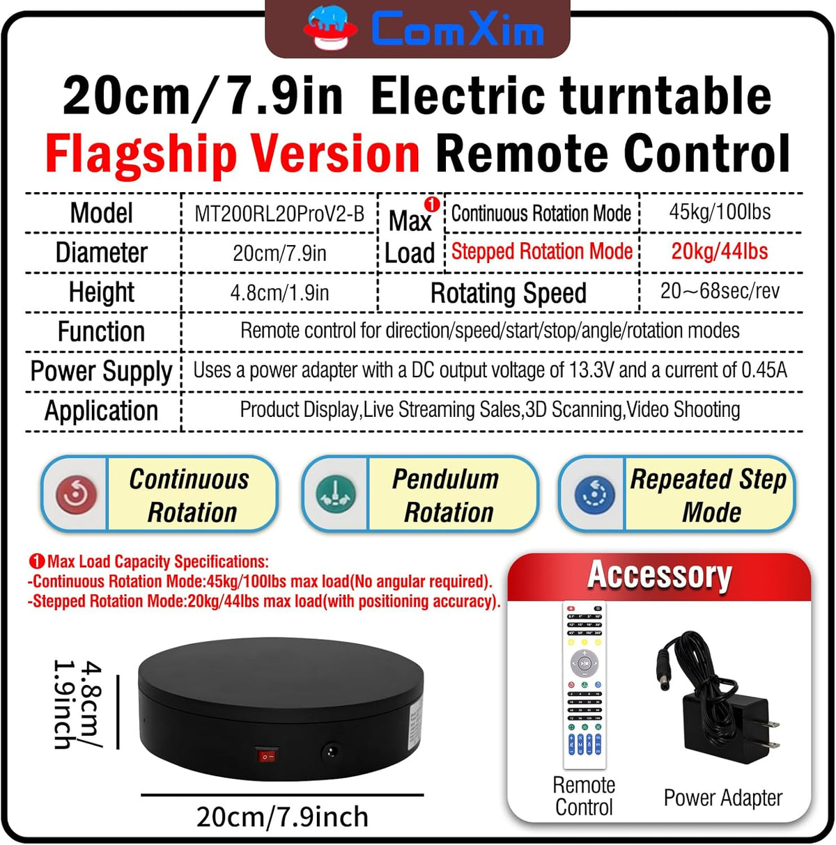 7.9In Remote Motorized Electric Turntable Rotating Display Stand Spinning Rotating Platform 360 Photography Turntable lazy susan base giratoria para for Photography,Display (Load Range:40~100lbs)