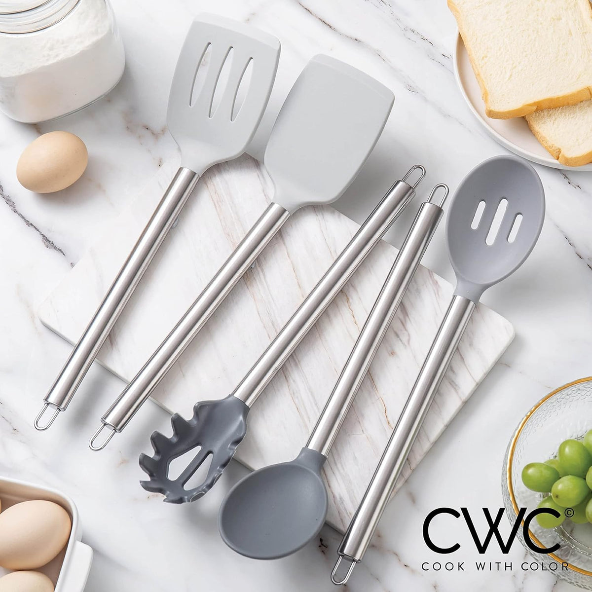 COOK WITH COLOR Silicone Cooking Utensils, Kitchen Utensil Set, Easy to Clean Silicone Kitchen Utensils, Cooking Utensils for Nonstick Cookware, Kitchen Gadgets Set, 5 Pieces, Grey Ombre