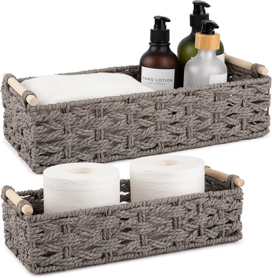 OIAHOMY Toilet Paper Baskets Handmade Paper Rope Decorative Wicker Storage Tank Shelf Cabinet Organizer for Bathroom Home, Set of 2, Grey