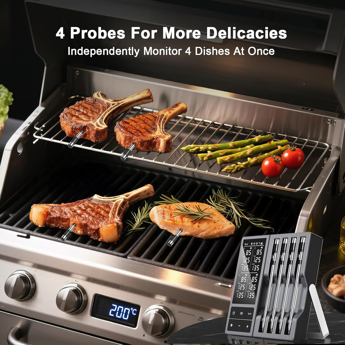 Wireless Meat Thermometer with Smart Timer & APP Alerts, 800ft Bluetooth Grill Food Thermometer, 4 X 0.19In Ultra Thin Probes, ±0.5℉ Accuracy, Big Digital Backlit Screen, for BBQ, Oven, Smoker