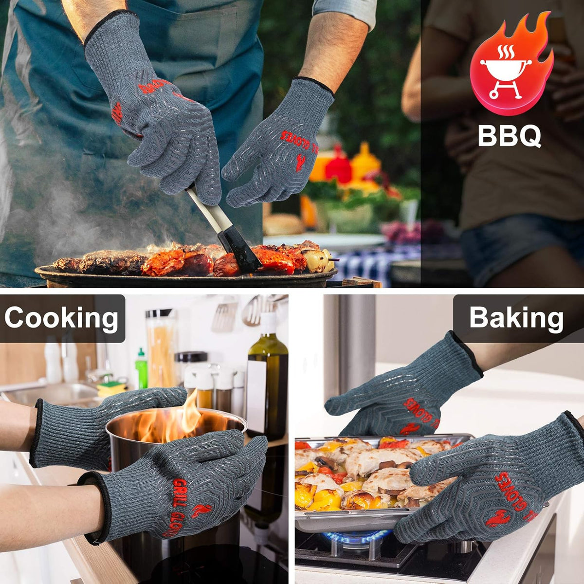 QUWIN BBQ Gloves, Oven Gloves 1472℉ Extreme Heat Resistant, Grilling Gloves Silicone Non-Slip Oven Mitts, Kitchen Gloves for BBQ, Grilling, Cooking, Baking-1 Pair… (Grey, One Size(Long Cuff))