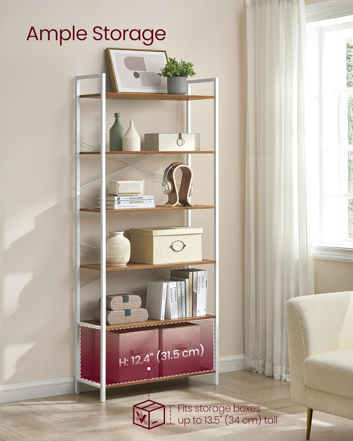 VASAGLE 6-Tier Bookshelf, Bookcase with Steel Frame, Book Shelf for Living Room, Home Office, Study, 11.8 x 31.5 x 73.2 Inches, Industrial Style, Honey Brown and Cloud White ULLS082K01