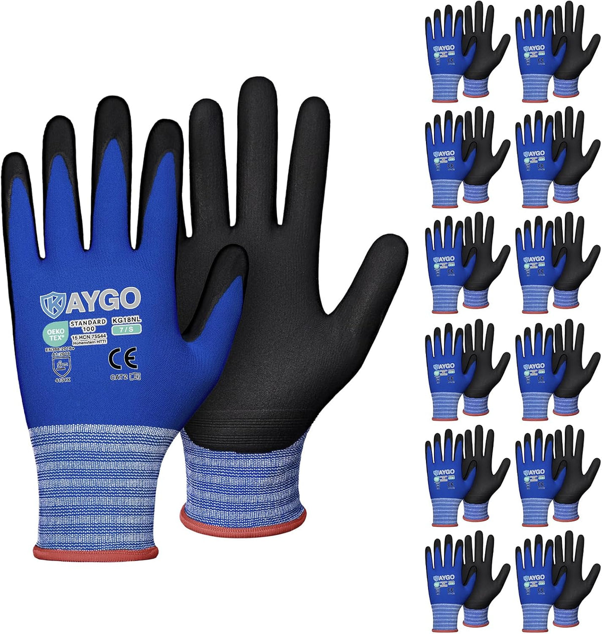 KAYGO Safety Work Gloves MicroFoam Nitrile Coated-12 Pairs, KG18NB,Seamless Knit Nylon Glove with Black Micro-Foam Nitrile Grip,Ideal for General Purpose,Automotive,Home Improvement,S