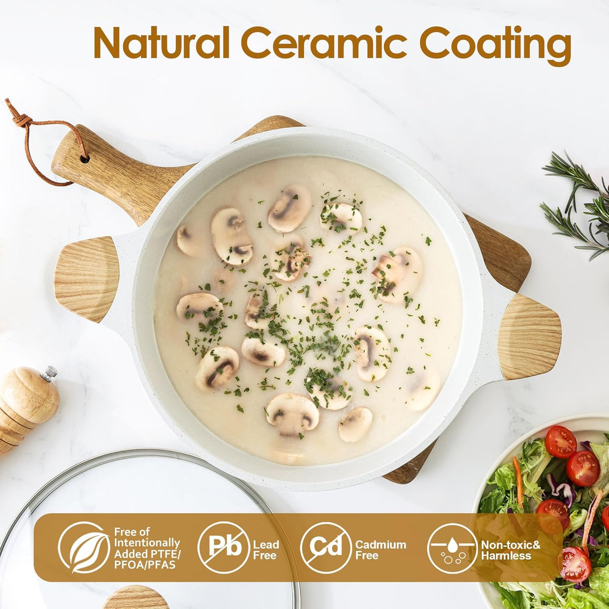 SENSARTE Ceramic Nonstick Stock Pot with Lid, 4.5 Quart Induction Cooking Pot with Tempered Glass Lid, Stew Pot for Soup and Oatmeal, Pasta Casserole, PFOA PFAS PTFE Free, White