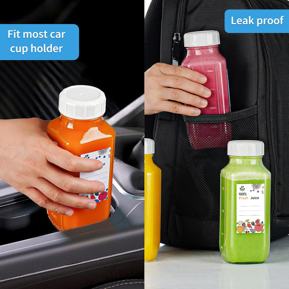 6 Pack 16 Oz Glass Juice Bottles with Pour Spout, 100% Airtight Heavy Duty SCREW Lid- Reusable Glass Milk Bottles w Capacity Mark, Square Drinking Jar Juice Container Breast Milk Pitcher(Extra 2 Lid)