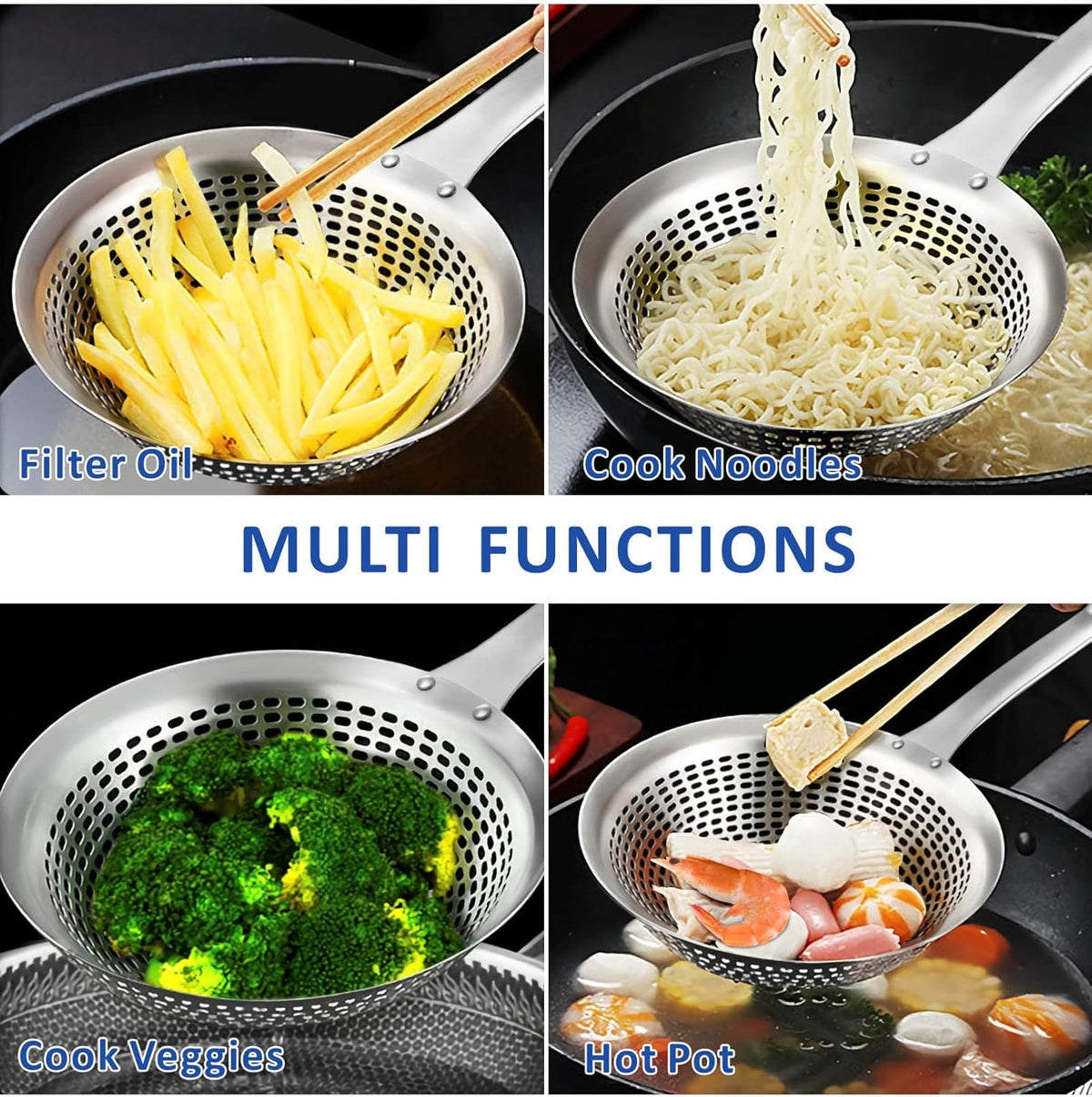 Yimi Skimmer Slotted Spoon Ladle,304 Stainless Steel Durable Cooking Frying Colander, Rustproof Large Scoop Kitchen Strainer Fryer with Vacuum Ergonomic Handle, Ideal for Gift, 15 Inches