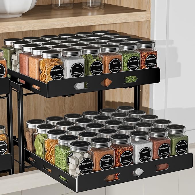 Spice Organization for Cabinet, 2-Tier Cabinet Spice Rack, Height Adjustable Vertical Spice Rack Pull Out for Kitchen, Cabinet, Pantry (14.1''Wx10.8''Dx9.2''H, Metal Black)