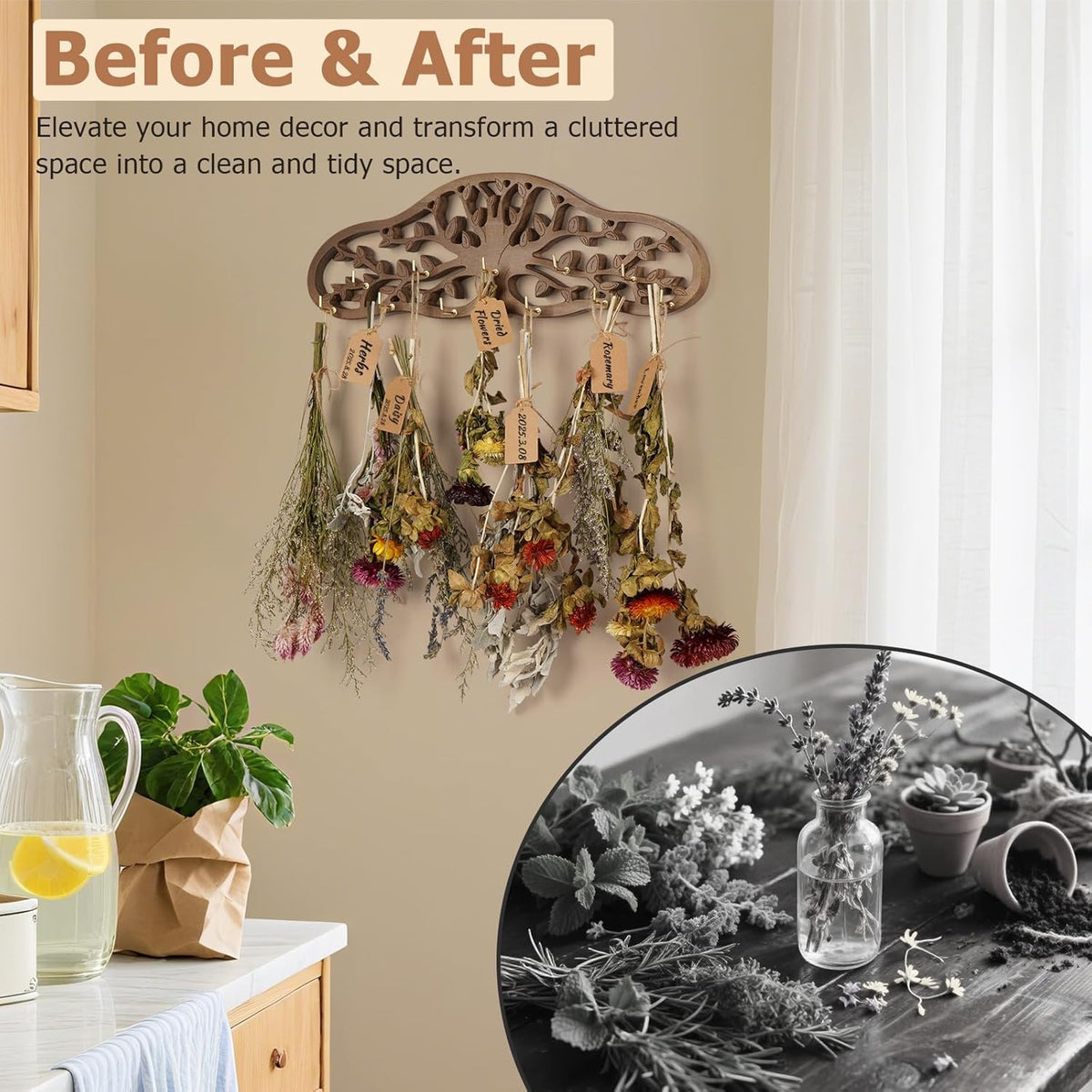 Liitrton Herb Drying Rack Hanging, Wall-mounted Drying Rack for Herbs, Wooden Tree Decor Design, Holds 11 Hooks with Rope and Kraft Labels, Space-saving Plant Herb Flower Dryer, Wall Art Decor