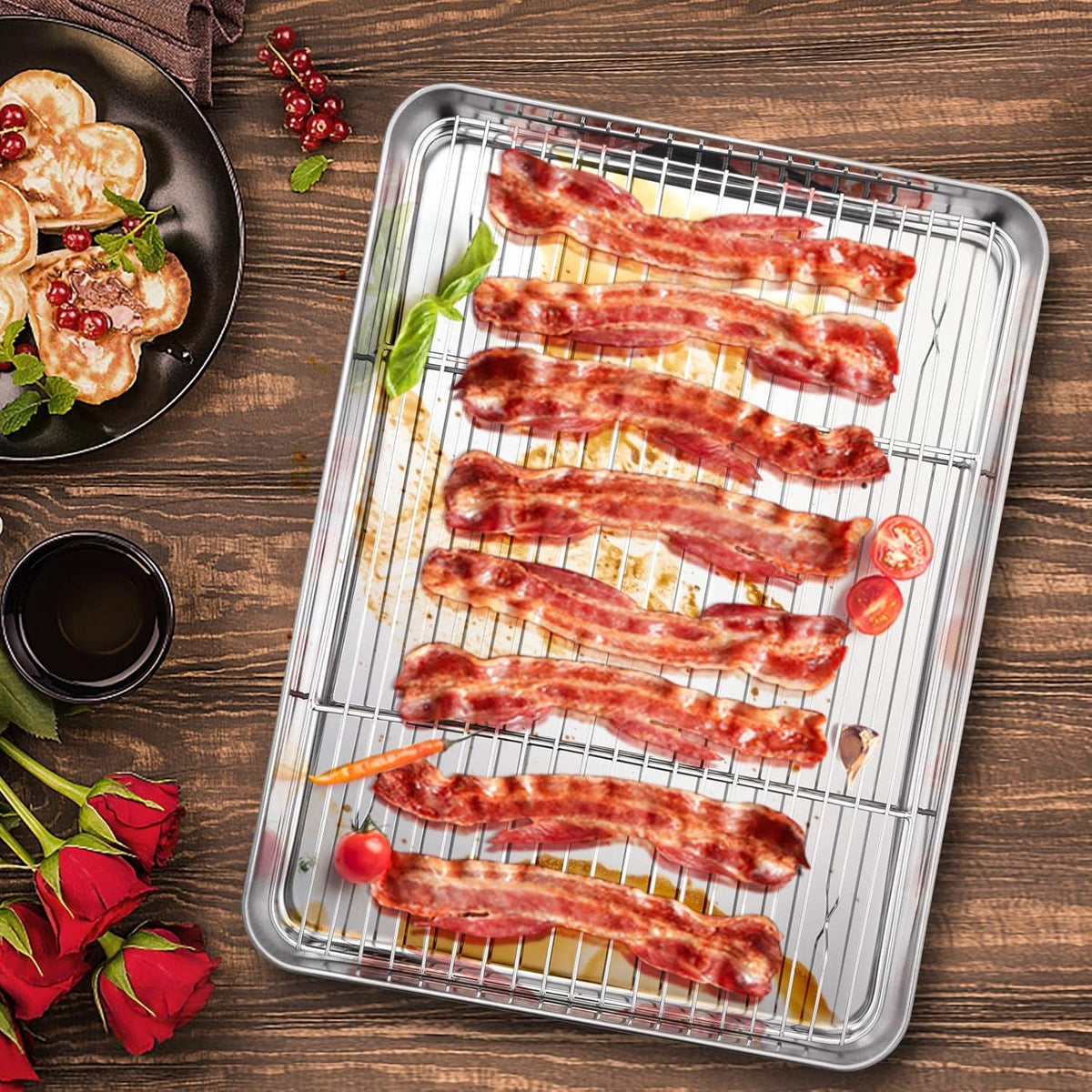 Baking Sheet with Rack Set, E-far 16”x12” Stainless Steel Cookie Sheet Pan for Oven, Rimmed Metal Tray with Wire Cooling Rack for Cooking Roasting Resting Bacon Meat Steak - Dishwasher Safe