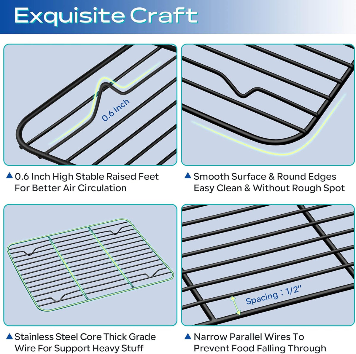 TeamFar Cooling Rack Set of 4, Stainless Steel Black Non-Stick Coated Various Size Wire Baking Roasting Rack for Baking Sheet Toaster Oven Pan, Non-Toxic & Non-Stick, Heavy Duty & Easy Clean