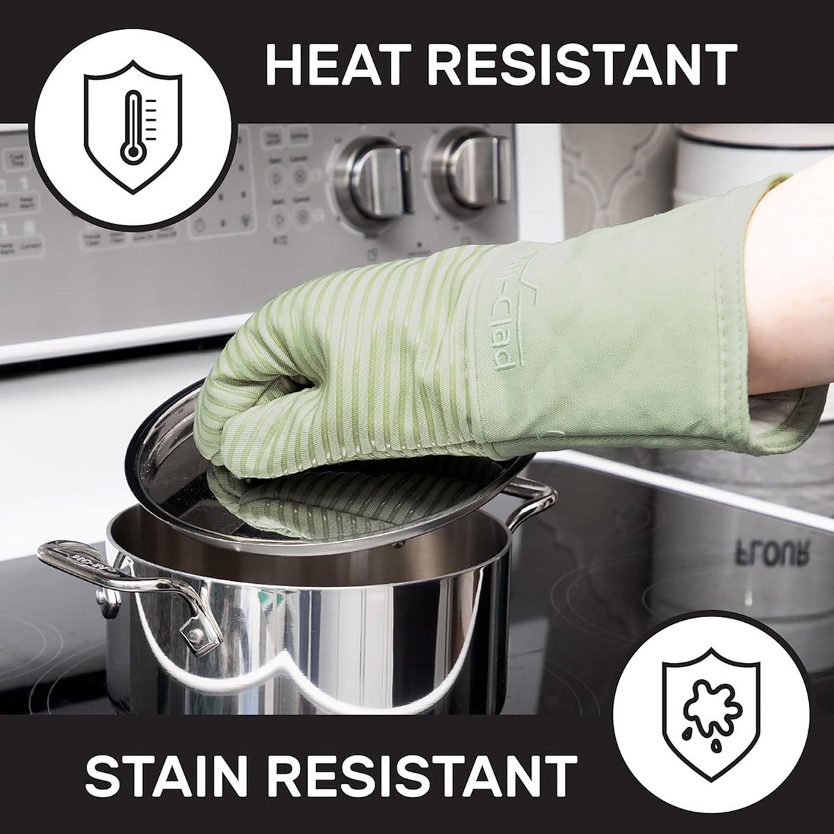 All-Clad Silicone Oven Mitts: Heat Resistant up to 500 Degrees - 100% Cotton & Silicone, 14"x7" Oven Mitt for Kitchen and Barbeque, 2-Pack, Fennel