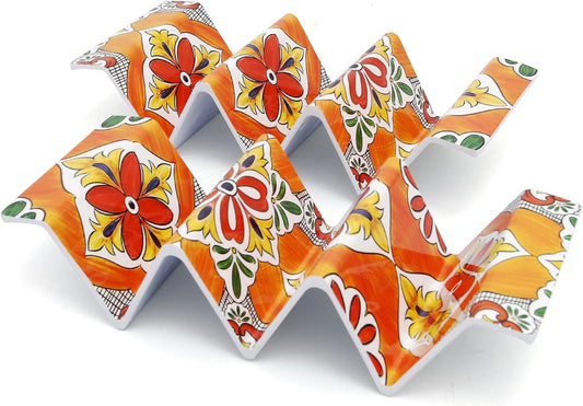 TP Taco Holder Stands, Set of 2 Melamine Large Taco Serving Rack Tray with Handle, Holds 3 Tacos, Dishwasher Safe, Ideal for Taco Night, Party, Home, Fiesta, Talavera Bloom