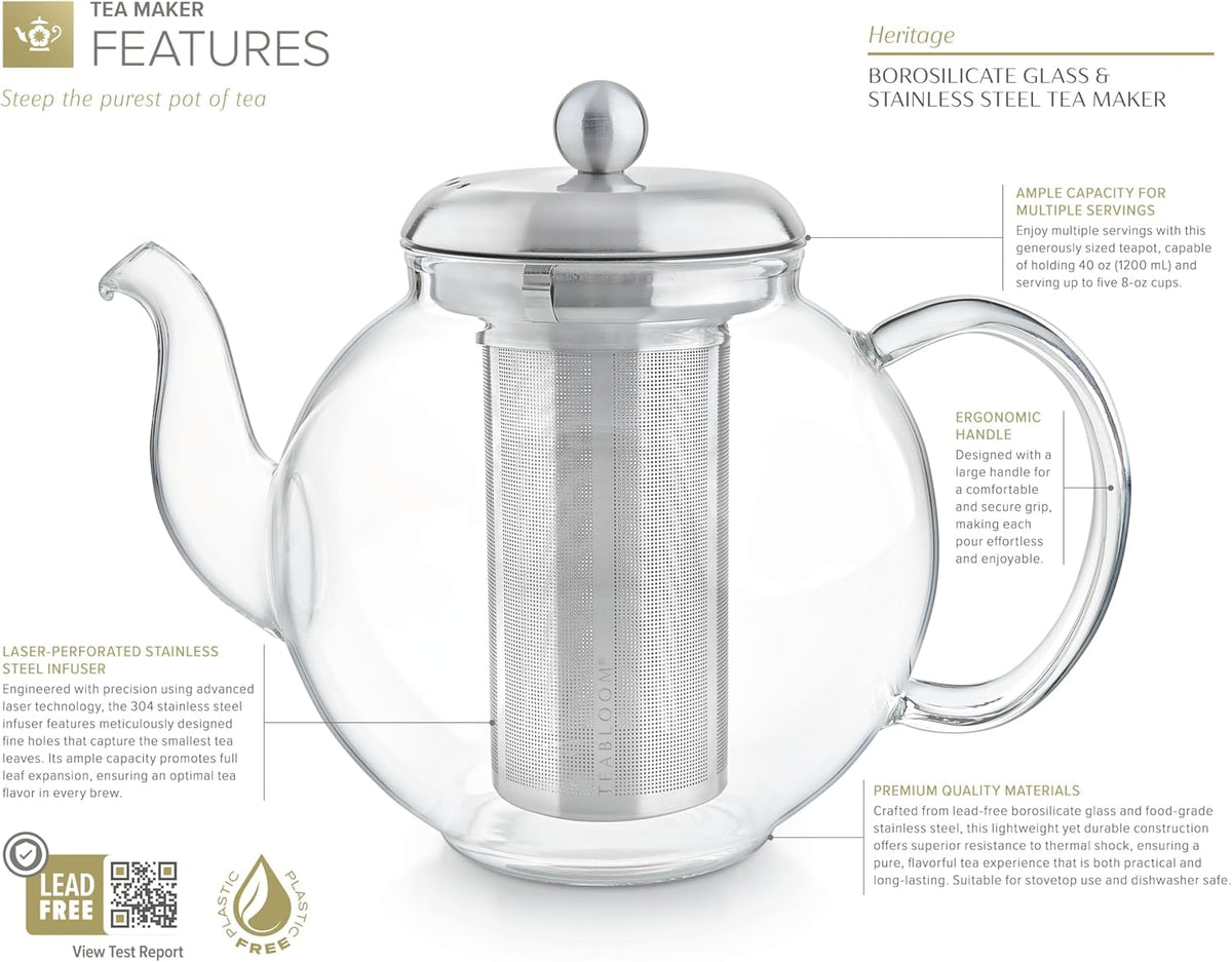Teabloom Heritage Borosilicate Glass Teapot – 40 oz Classic Round Design with Stainless Steel Infuser – Stovetop Safe, Drip-Free Spout, Durable Heat-Resistant Tea Kettle for Loose Leaf or Teabags