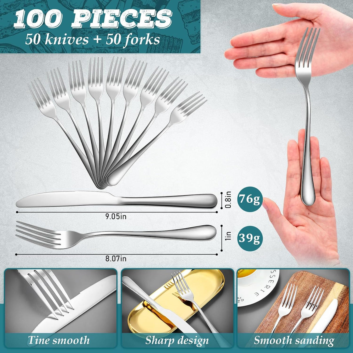 Nuenen 100 Pieces Stainless Steel forks and knives Dinner Flatware Set Tableware Cutlery for Butter Kitchen Restaurant, Dishwasher Safe(Silver,9.06 Inches, 8.07 Inches)