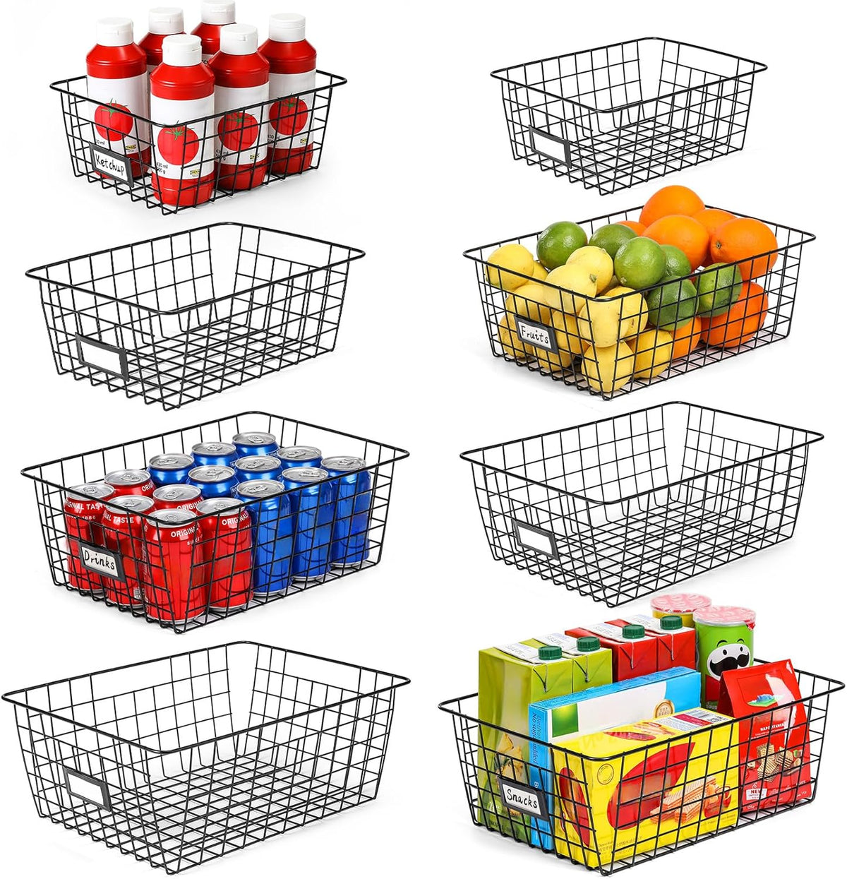 8 Set, Extra Large Wire Baskets for Organizing with Lables, Cabinet Pantry Organization and Storage Bins - Metal Basket for Kitchen, Laundry, Garage, Fridge, Bathroom Countertop Organizer, Black