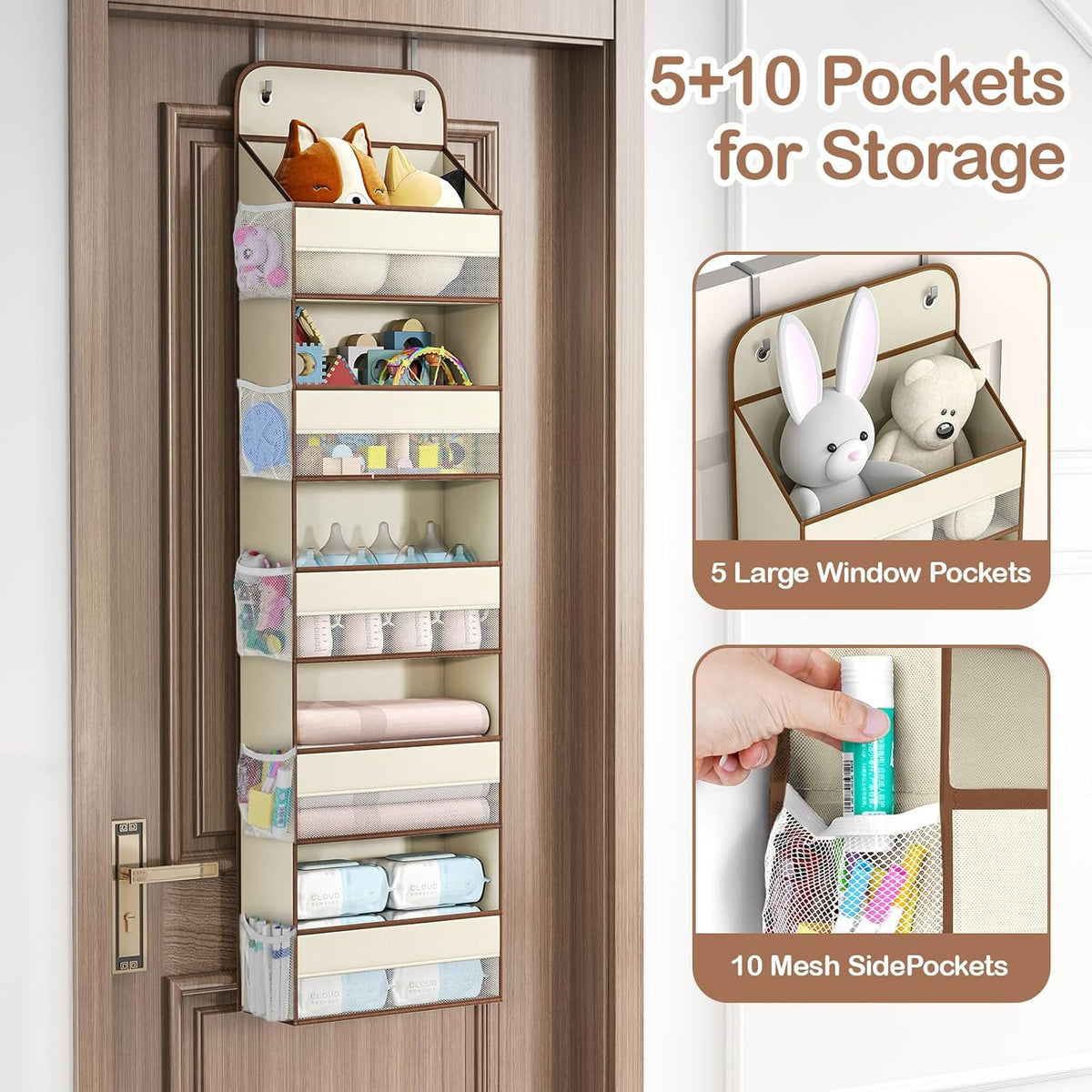 LAMU 1 Pack Over the Door Organizer Hanging with 5 Large Pockets and 10 Mesh Pockets, 44lb Over the Door Storage for Closet, Nursery and Bathroom, Behind the Door Storage with Clothes and Toys, Beige