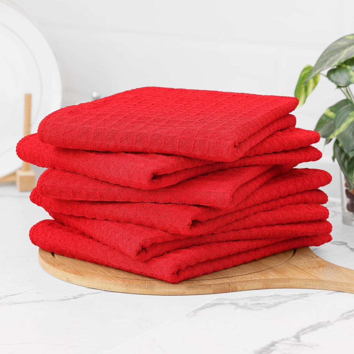 Homaxy Microfiber Waffle Weave Kitchen Towels, 16 x 28 Inch Ultra Absorbent and Solid Color Dish Towels, 4 Pack, Red