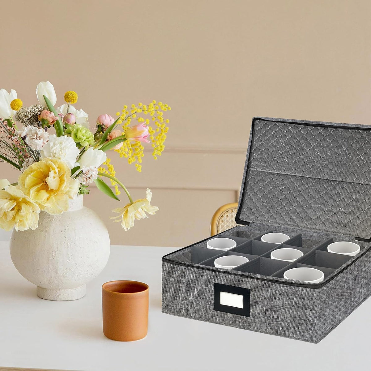 homyfort Mug Coffee Storage Box with Dividers - Stackable Glass China Storage Containers Hard Shell with Lid, Label and Handles, Holds 12 Coffee Mugs and Tea Cups (Dark Grey)